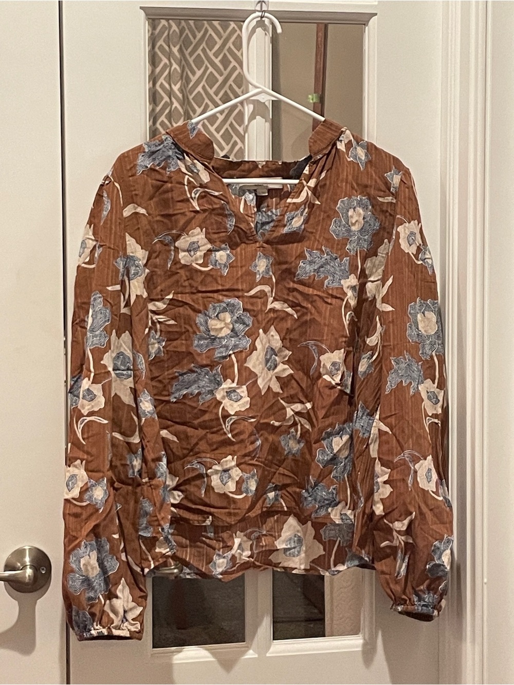 LOFT Brown Floral Long Sleeve Blouse with Blue and Cream Flowers